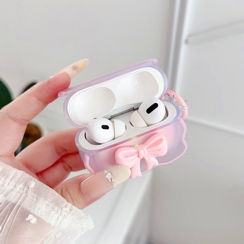 OTOPO Cute AirPods Pro 2/1 Gen Clear Case, Girly 3D Bow Design Soft TPU Protective Shockproof Kawaii Apple iPod Pro 2nd/1st Generation Cover with Cleaner Pen & Keychain Girls Women 2023/2022/2019 - Pink - Image 4