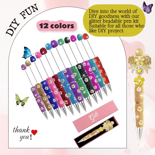 KUNHEHO 12Pcs Beadable Pens Daisy Fancy Pen for Beads Cute Journalling Pens for Women Fun Bling Ballpoint Pens Tween girls Gifts Trendy Stuff - Image 4