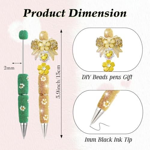 KUNHEHO 12Pcs Beadable Pens Daisy Fancy Pen for Beads Cute Journalling Pens for Women Fun Bling Ballpoint Pens Tween girls Gifts Trendy Stuff - Image 2