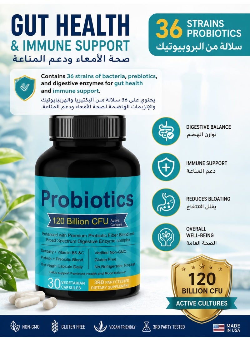 Probiotics One 120 Billion CFU Probiotic Complex - 36 Strains with Prebiotics & Digestive Enzymes for Gut Health & Immune Support - Delayed Release Capsules for Women & Men - Vegan - 30 Count - Image 1