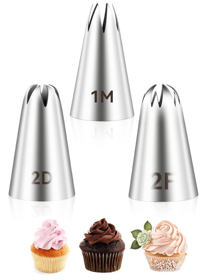 3 PCS Piping Nozzles Kit, 1M 2D 2F Large Cake Piping Tips, Cake Decorating Piping Tips, Stainless Steel Cake Decorating Tools for Decoration, DIY Icing Tool for Cream Cupcake Cookie Decorating - Image 1