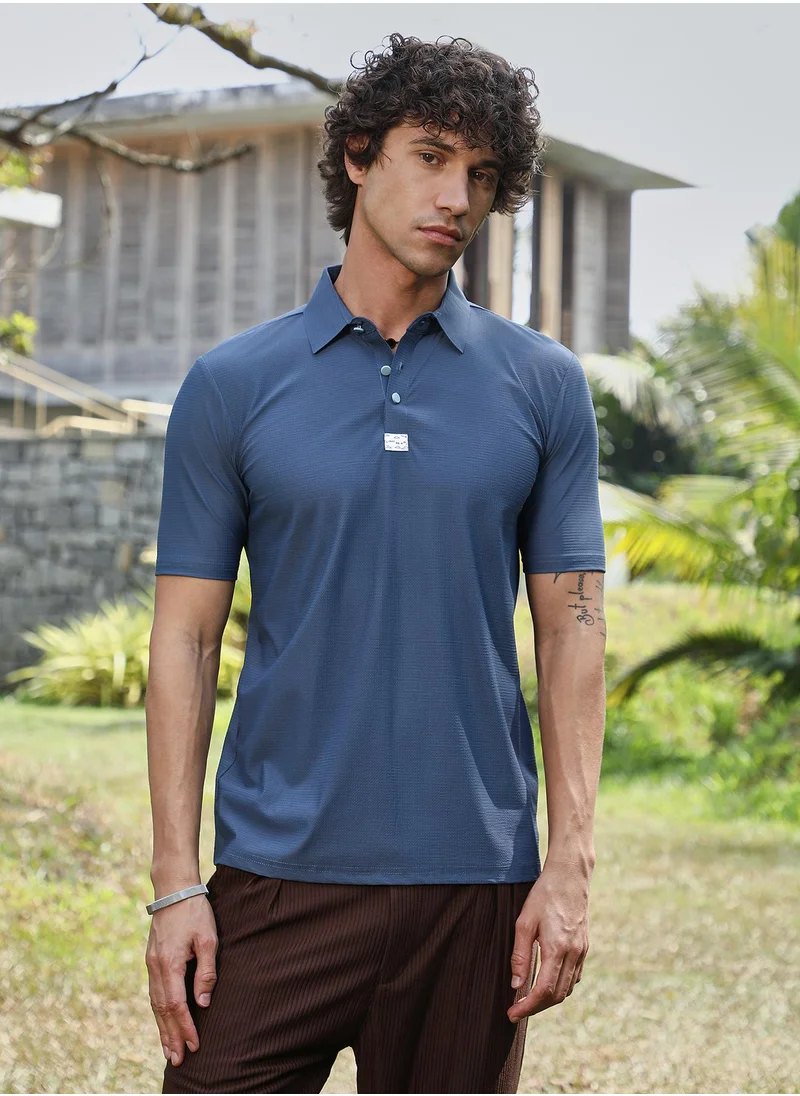 كامبوس سوترا Men's Aegean Blue Seamless Waffle Polo T-Shirt