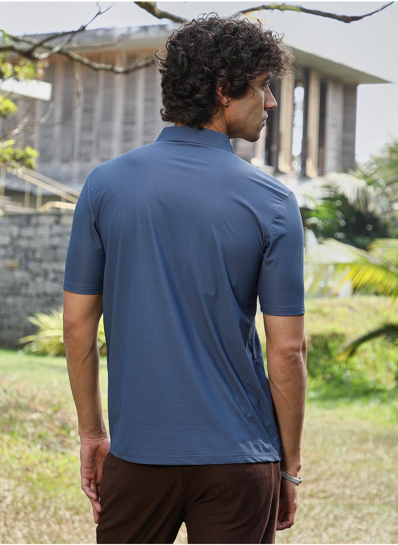 Campus Sutra Men's Aegean Blue Seamless Waffle Polo T-Shirt  - Image 5