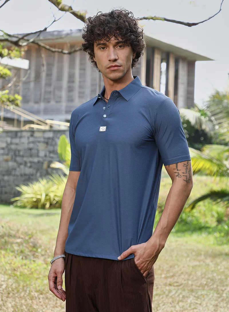 Campus Sutra Men's Aegean Blue Seamless Waffle Polo T-Shirt
