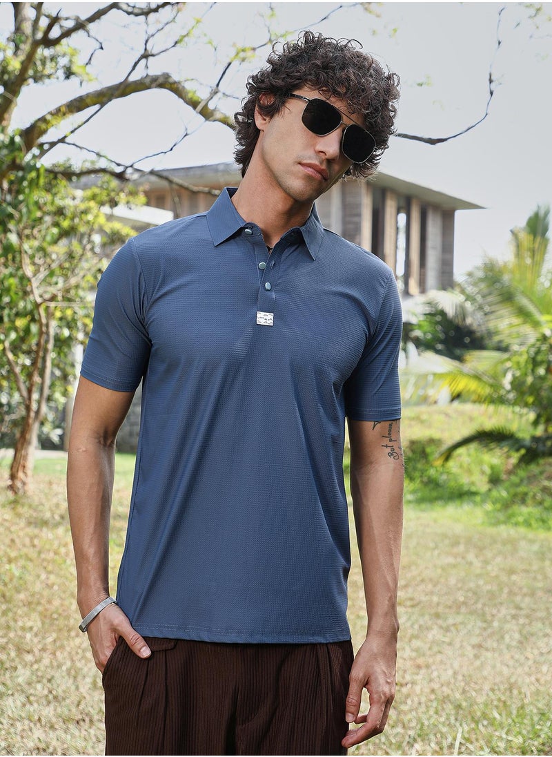 Campus Sutra Men's Aegean Blue Seamless Waffle Polo T-Shirt  - Image 1