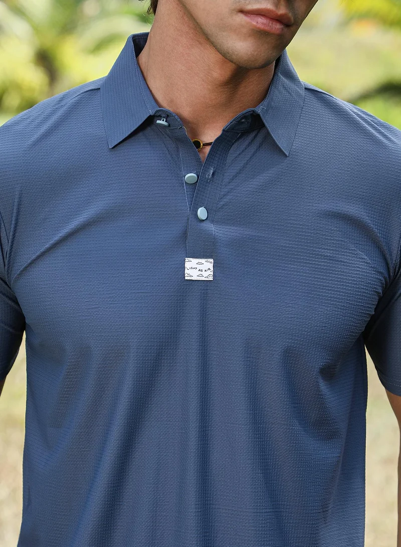 Campus Sutra Men's Aegean Blue Seamless Waffle Polo T-Shirt