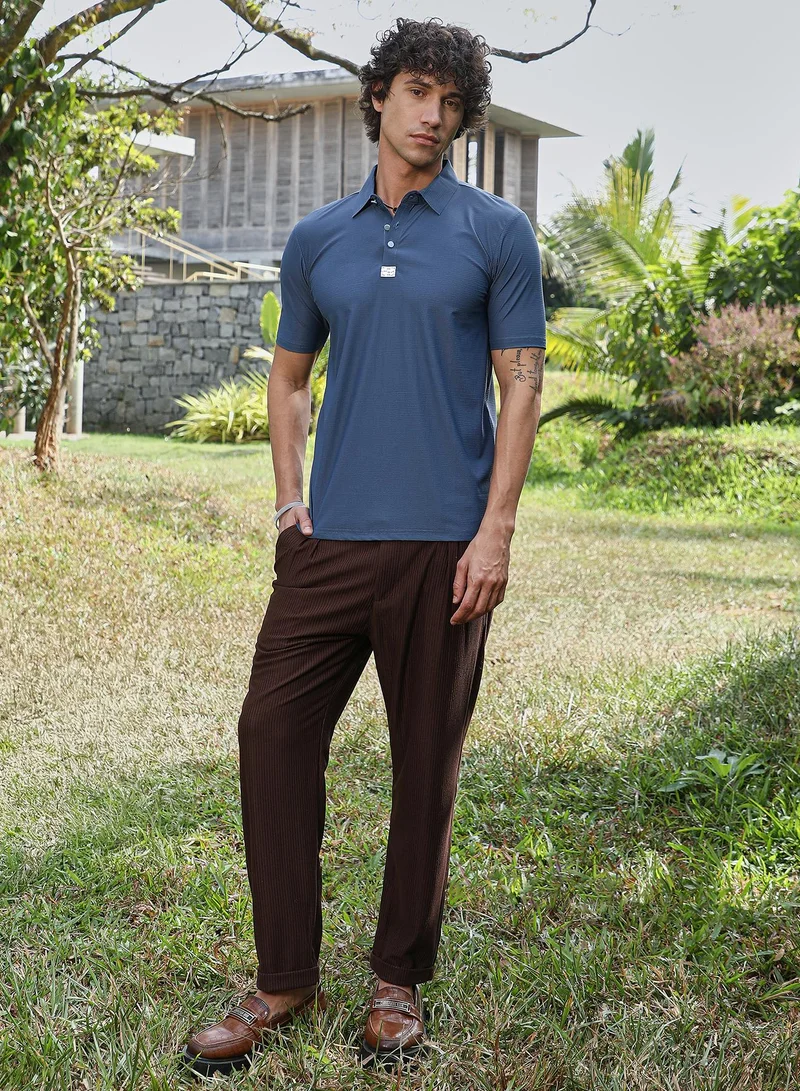 Campus Sutra Men's Aegean Blue Seamless Waffle Polo T-Shirt