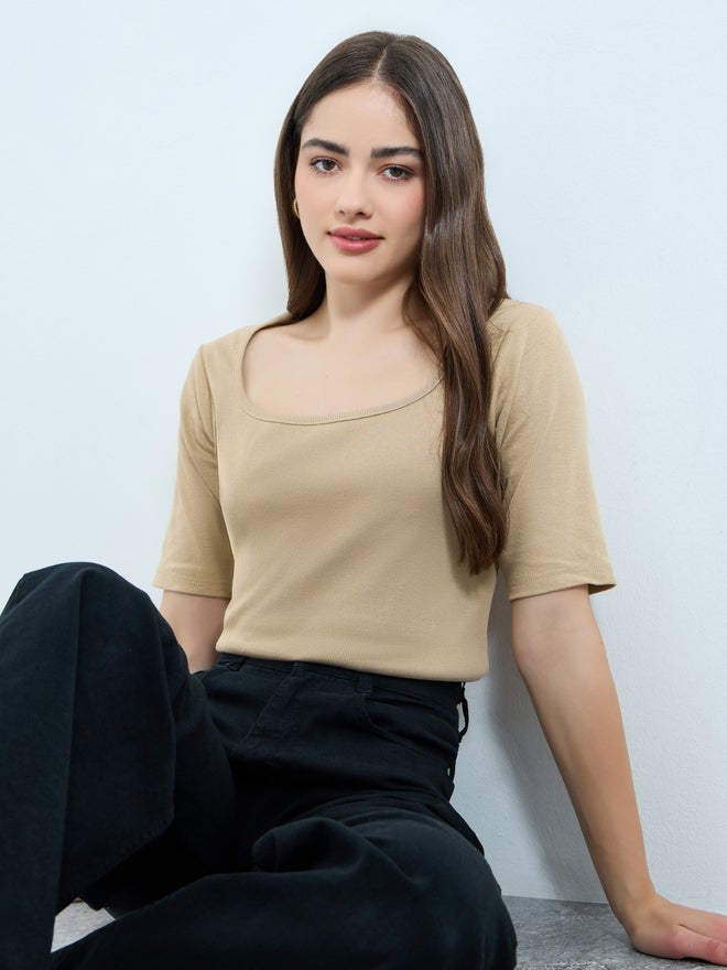 Styli Beige Square Neck Slim Fit T-Shirt - Image 3