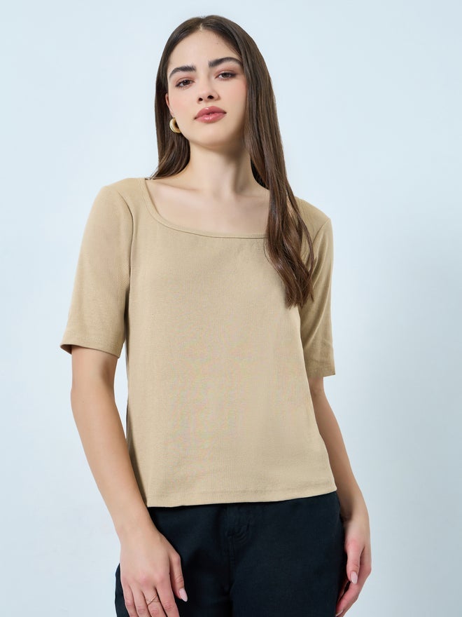 Styli Beige Square Neck Slim Fit T-Shirt - Image 1