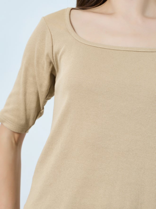 Styli Beige Square Neck Slim Fit T-Shirt - Image 4