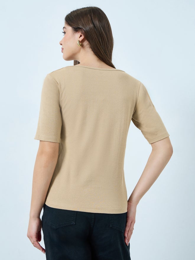 Styli Beige Square Neck Slim Fit T-Shirt - Image 5