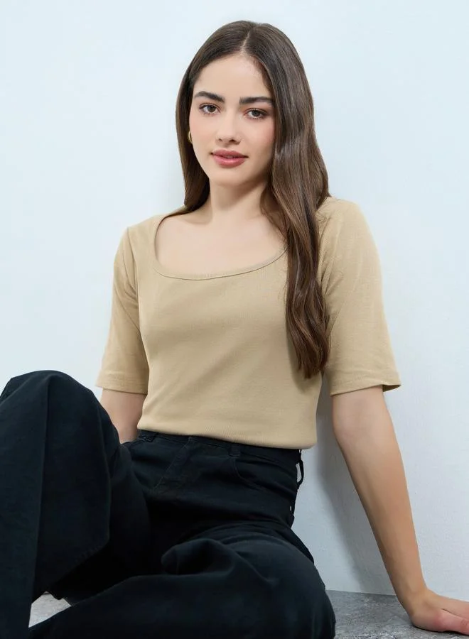 Styli Styli Beige Square Neck Slim Fit T-Shirt