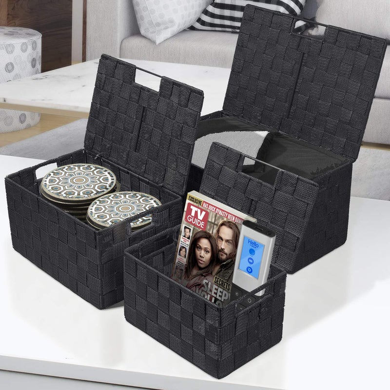 Sorbus Set of 3 Black Woven Storage Baskets with Lids â€“ Mesh Hand-Woven Bins for Closet, Shelf, and Linen Organization â€“ Variety Pack - Image 2