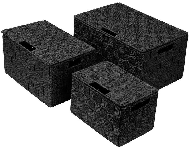 Sorbus Set of 3 Black Woven Storage Baskets with Lids â€“ Mesh Hand-Woven Bins for Closet, Shelf, and Linen Organization â€“ Variety Pack - Image 5