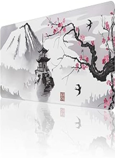 EFISH Japanese Cherry Blossom Mouse Pad (31.5 × 11.8 × 0.12 inch) Extended Large Mouse Mat Desk Pad, Stitched Edges Mousepad,Non-Slip Rubber Base,Keyboard Pad,Gaming Mouse Pad XL