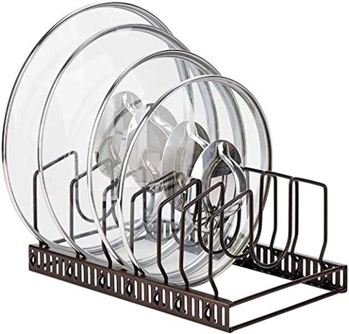 TopLife Pot Lids Organizer Rack for Cabinet and Countertop, 7+ Pan Lids and Bakeware Organizer Rack Holder with 7 Adjustable Compartments Brown - Image 1