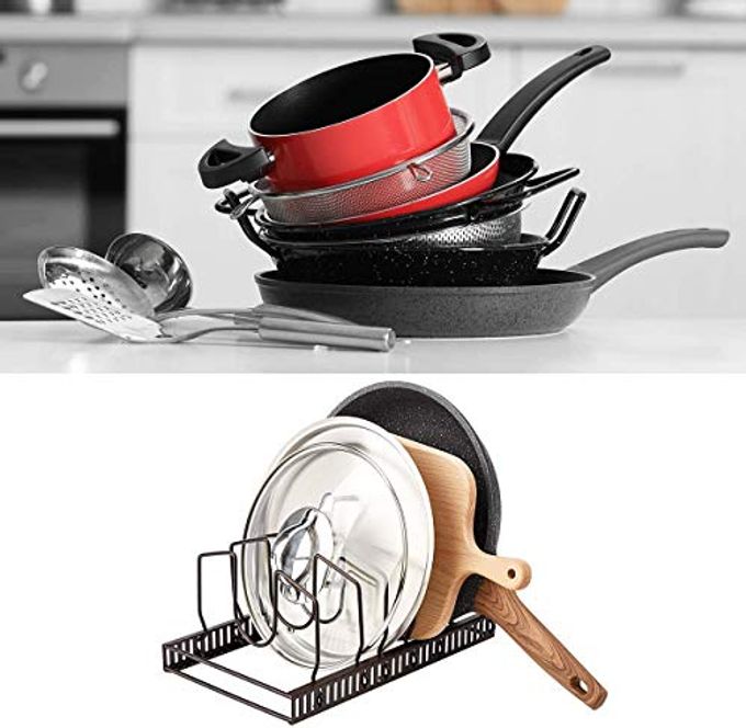 TopLife Pot Lids Organizer Rack for Cabinet and Countertop, 7+ Pan Lids and Bakeware Organizer Rack Holder with 7 Adjustable Compartments Brown - Image 3