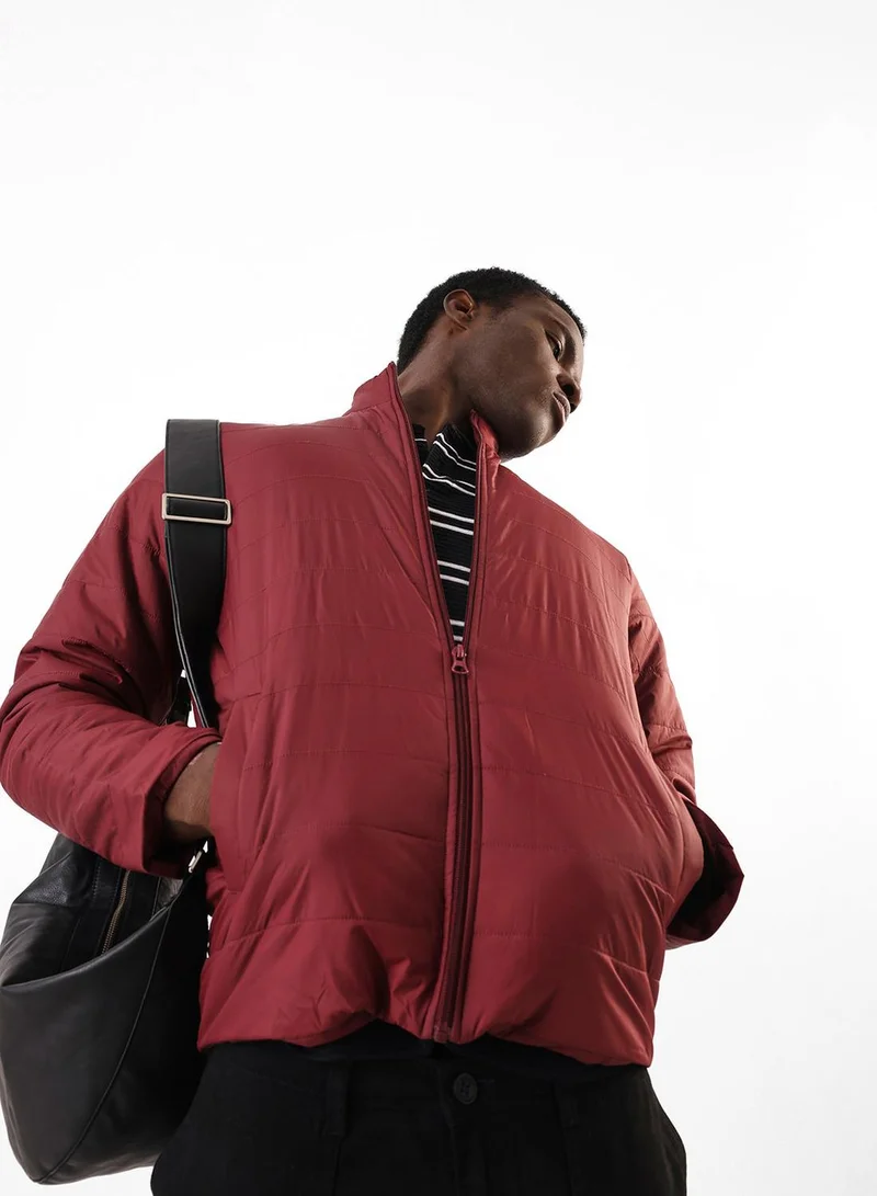 Men's Maroon 100% Polyester Puffer Regular Fit Jacket