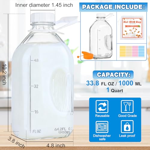 CARBLIN 2 Quart (64 Oz) Glass Milk Bottle with Handle, Water Jug with Scale/Nut Milk Bag/Pour Spout/Airtight Lid, Reusable Carafe Container Pitcher for Milk, Tea, Juice, Coffee Beverage-1/2 Gal 1 Pack - Image 3