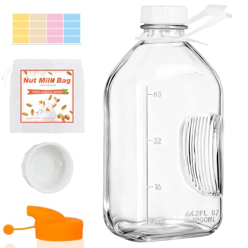 CARBLIN 2 Quart (64 Oz) Glass Milk Bottle with Handle, Water Jug with Scale/Nut Milk Bag/Pour Spout/Airtight Lid, Reusable Carafe Container Pitcher for Milk, Tea, Juice, Coffee Beverage-1/2 Gal 1 Pack - Image 1