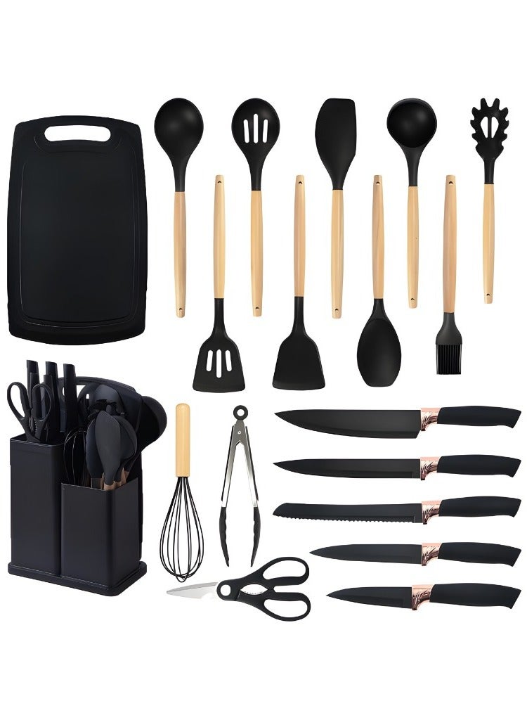 مجموعة أدوات مطبخ سيليكون مكونة من 19 قطعة، أدوات طبخ غير لاصقة، سكاكين من الفولاذ المقاوم للصدأ، لوح تقطيع، ملعقة، ملعقة تقليب، خفق، مجموعة أواني طهي غير لاصقة مقاومة للحرارة بمقابض خشبية - Image 1