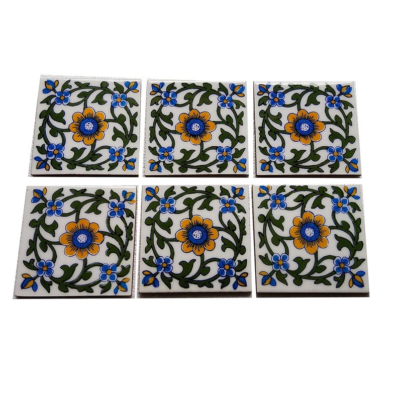 Shiv Kripa Blue Pottery Shiv Kripa Blue Pottery Home Decorative Ceramic Wall Hanging Tile Design Flooring Tiles Floral Kitchen Washroom Mosaic Furniture Tile Handmade Backsplash 4 x 4 Inches Tile Pack of 12 Tile Multi 
