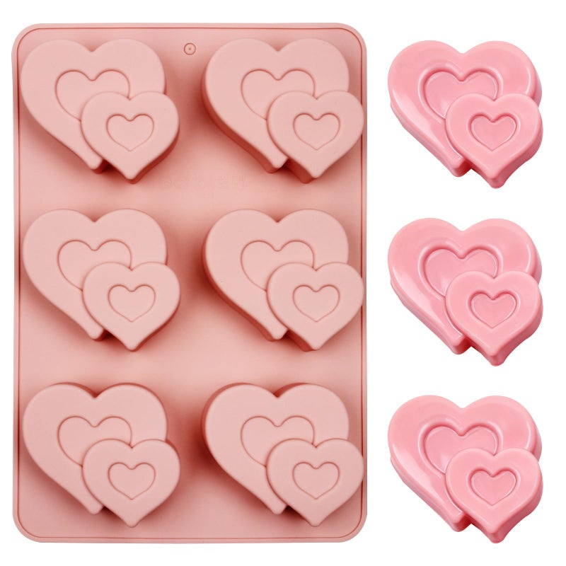 Fchil Silicone Heart Molds, 6-Cavity Double Heart Shape Baking Pan for Chocolate Mousse Cake Pudding Jelly Soap Making - Image 1