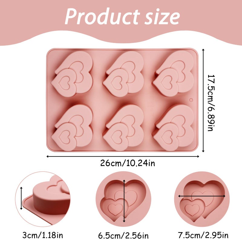 Fchil Silicone Heart Molds, 6-Cavity Double Heart Shape Baking Pan for Chocolate Mousse Cake Pudding Jelly Soap Making - Image 2