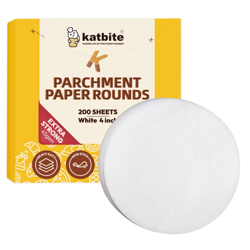 Katbite Heavy Duty Parchment Rounds 4 Inch 200Pcs Round Parchment Patty Paper Rounds Use for Baking Small Cakes Separating Frozen Patty Toaster Oven Tortilla Press