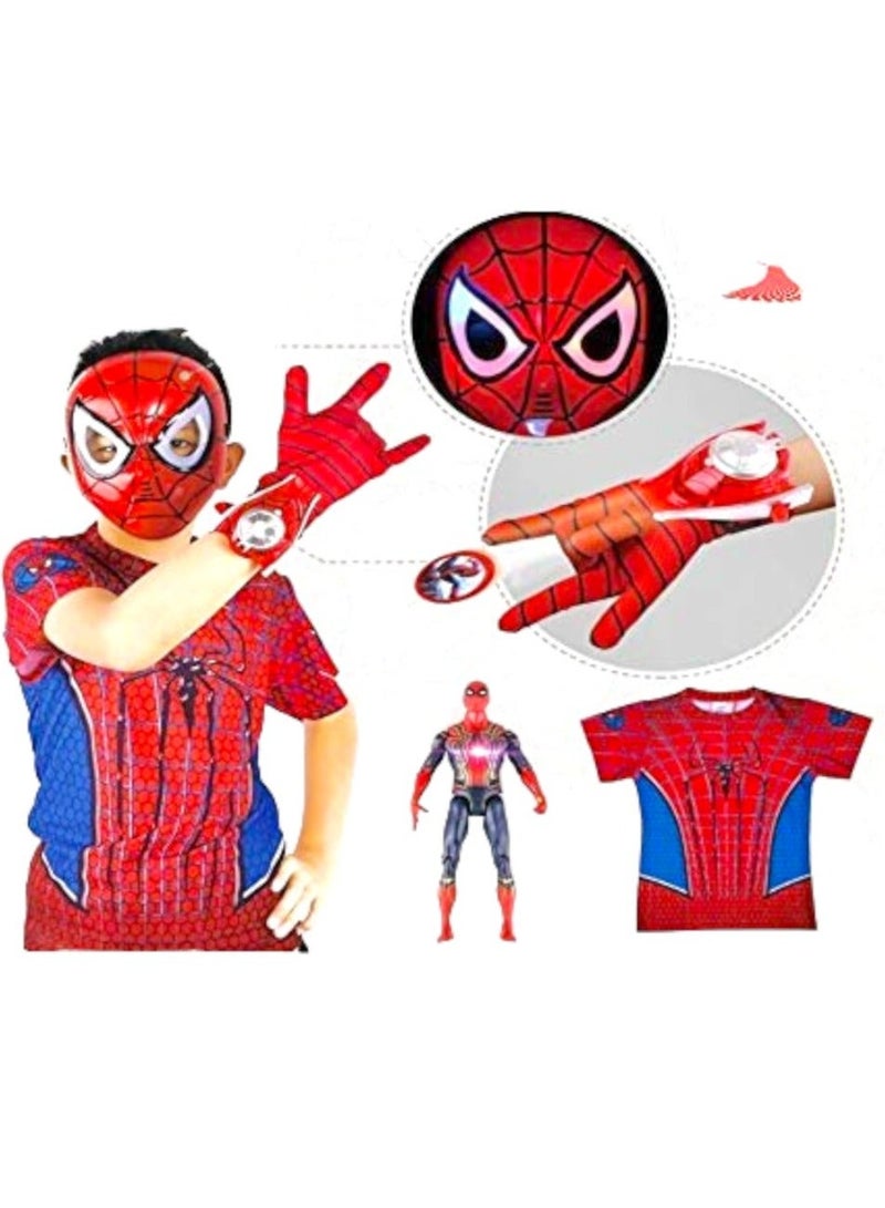 Toy Box Spiderman Heros Action Figures with Mask Launcher T.Shirt Figure and Disc Launcher Toy for Kids(Set of 5 Pcs) - Image 1