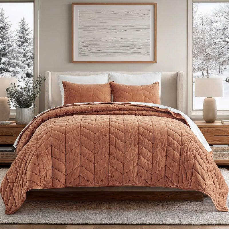 EVERGRACE 3 Pieces Luxurious Velvet King Quilts, Ultra Soft Lightweight Velvet Comforter Set, Matelasse Oversized Bedspread Coverlet for All Season with 2 Shams, Burnt Orange, 108"x96" - Image 1