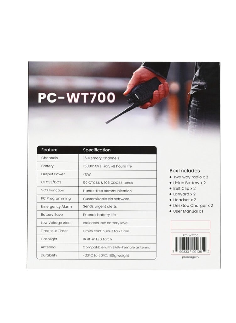 PROMAGE - Promage Connect PC-WT-700 Portable Two Way Radio Twin Pack, 420-450MHz, 16 Channels, 1500mAh Battery, Emergency Alarm, Flash Light, VOX Function, High Quality and Reliable | PC-WT-700 - Image 1