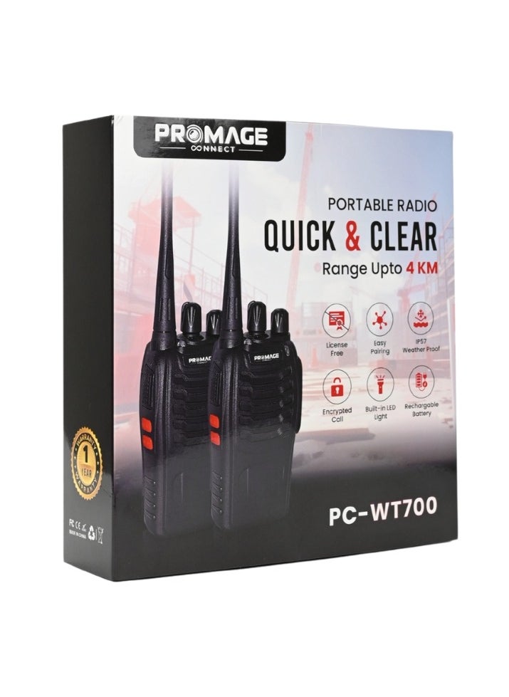 PROMAGE - Promage Connect PC-WT-700 Portable Two Way Radio Twin Pack, 420-450MHz, 16 Channels, 1500mAh Battery, Emergency Alarm, Flash Light, VOX Function, High Quality and Reliable | PC-WT-700 - Image 1