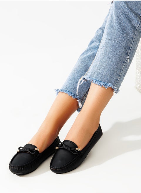 Elegant, High-quality Leather Flat Ballerina With A Bow On The Front-BLACK