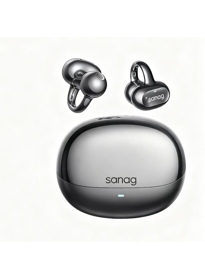 ساناج Sanag S8S AI Clip on Headphones, True Wireless Ear Clip Earbuds, Comfortable Earphones with Bluetooth 5.4, 48H Playtime, IPX4 Waterproof, Noise Cancelling fit Sports Running, Workout (Black)