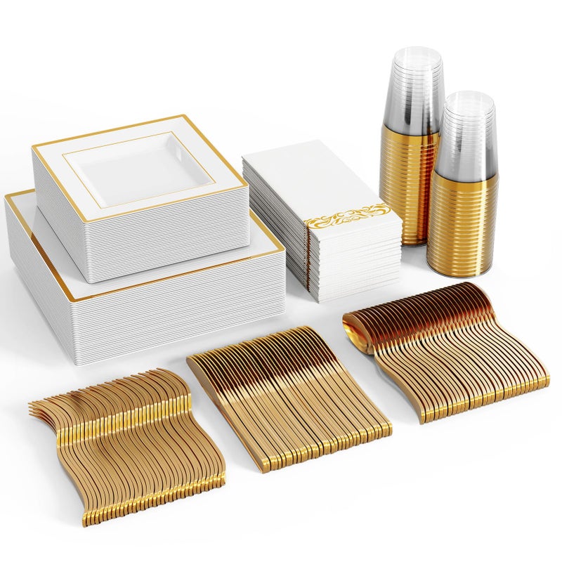 FOCUSLINE 350 Ct Gold Dinnerware Set for 50 Guests  Square Gold Rimmed White Disposable Plastic Plates Includes 50 Dinner  Salad Plates Cups Cutlery Set for Wedding Parties