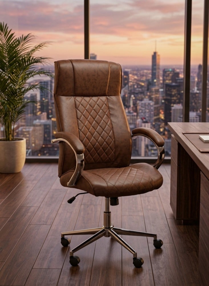 Karnak Krystal Ergonomic Office Chair | Leather Executive Mesh Lumbar Support Chair | Adjustable Height 360° Swivel Gaming Office Chair for Home & Office Furniture (Brown) - Image 1