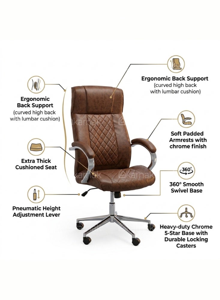 Karnak Krystal Ergonomic Office Chair | Leather Executive Mesh Lumbar Support Chair | Adjustable Height 360° Swivel Gaming Office Chair for Home & Office Furniture (Brown) - Image 2
