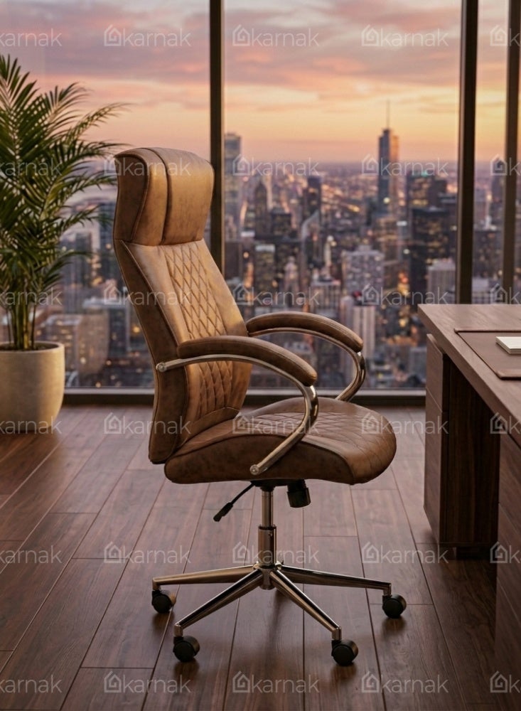 Karnak Krystal Ergonomic Office Chair | Leather Executive Mesh Lumbar Support Chair | Adjustable Height 360° Swivel Gaming Office Chair for Home & Office Furniture (Brown) - Image 4