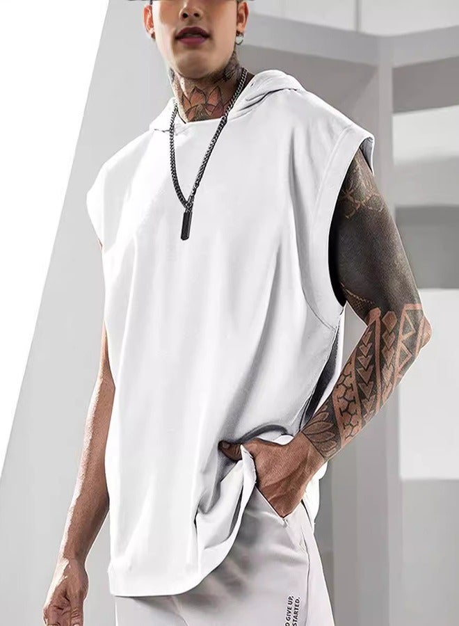 Men's sports hooded vest sleeveless bodybuilding muscle shirt sports hooded top white  - Image 1