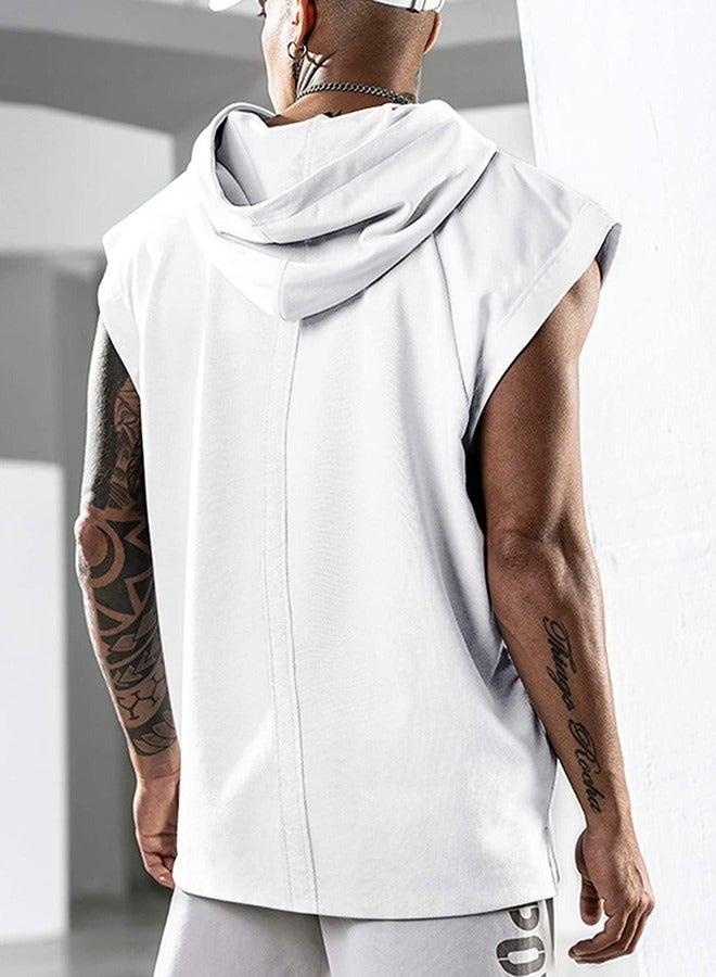 Men's sports hooded vest sleeveless bodybuilding muscle shirt sports hooded top white  - Image 2