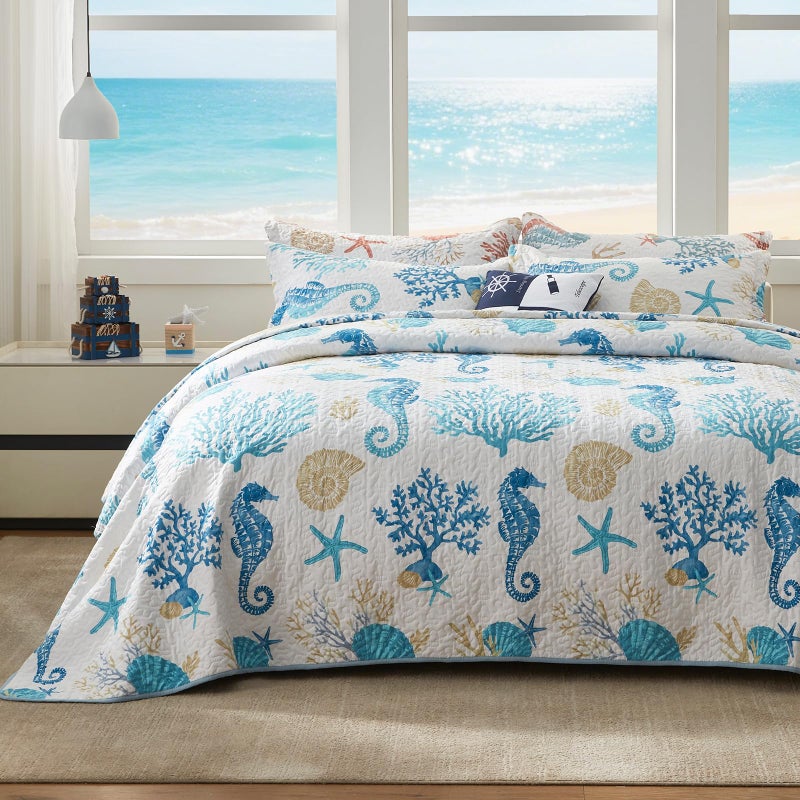 LEAONME Coastal Quilt Set Full/Queen Size - Lightweight Microfiber Reversible Bedspread, 90''x98'', Sky Blue, Includes 2 Shams - Image 1