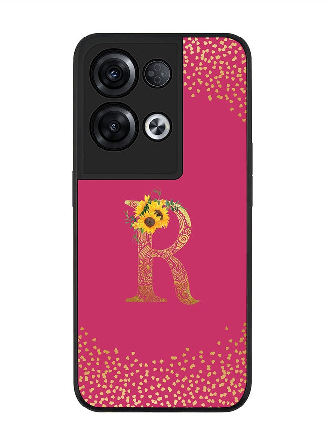 Stylizedd Rugged Black edge case for Oppo  Reno8 Pro, Slim fit Thin Cover -  Custom Monogram Initial Letter Mandala Floral Pattern Alphabet- R  (Dark Pink Rose ) - Image 1