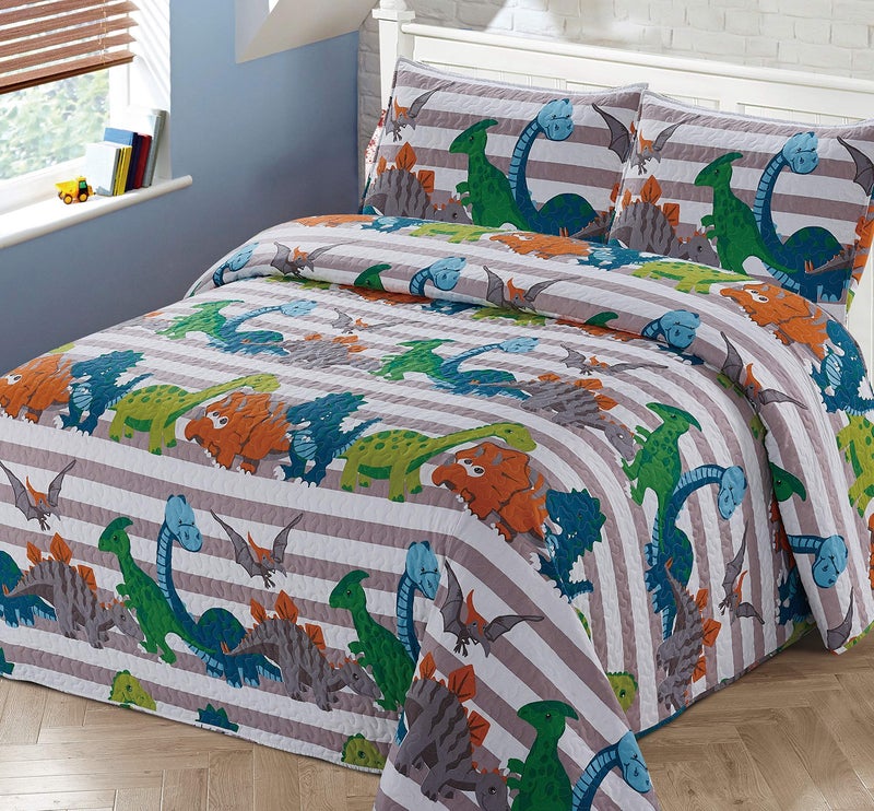 Kids Zone Home Linen 2pc Twin Bedspread Coverlet Quilt Set Kids/Teens Childrens Multi-Color Dinosaurs Stripe Quilt Grey Orange White Green Blue All Dinosaurs New - Image 2