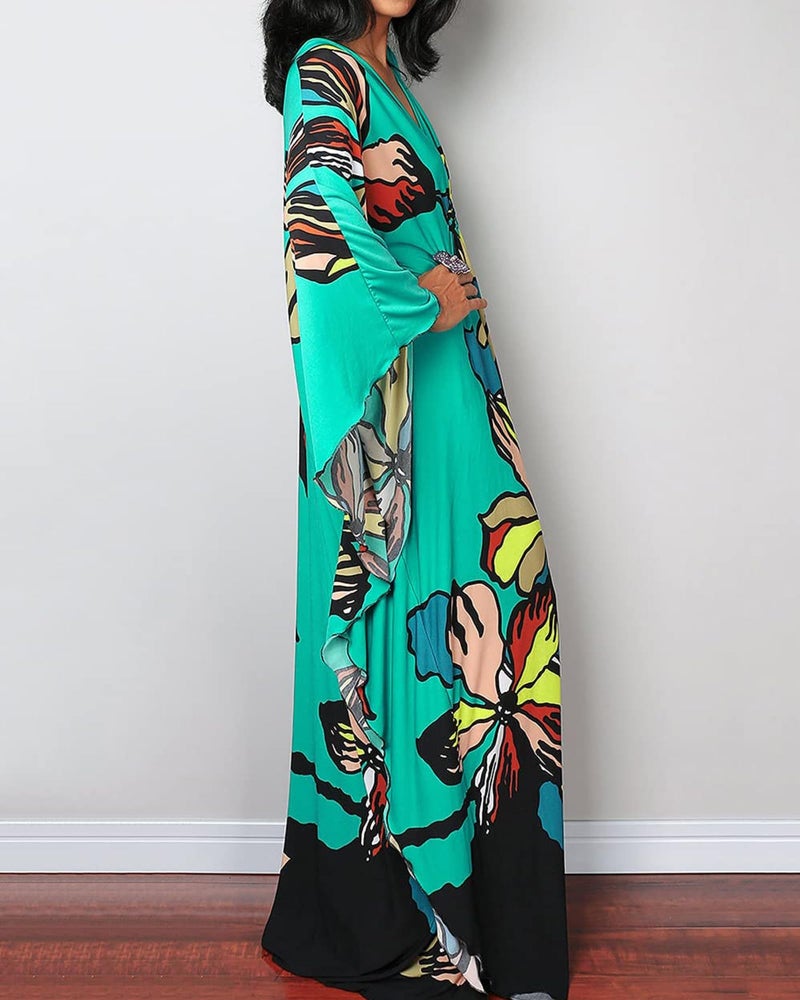 Bsubseach Women Ethnic Print Kaftan Beach Dress Plus Size Swimsuit Cover Up Lake Green Floral - Image 4