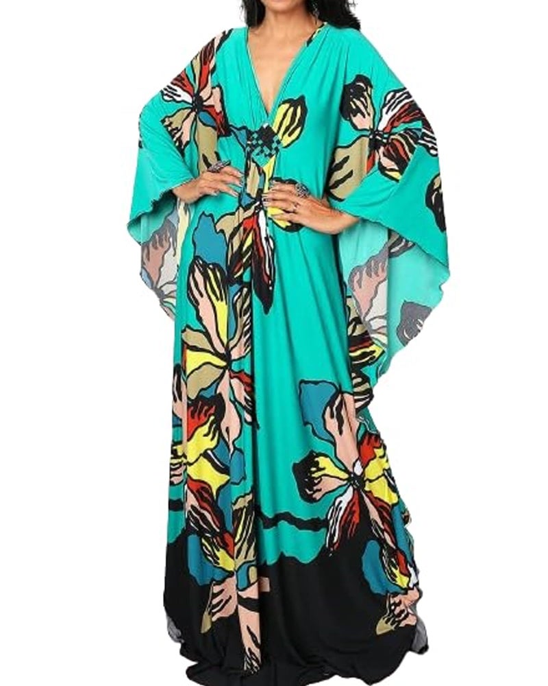 Bsubseach Women Ethnic Print Kaftan Beach Dress Plus Size Swimsuit Cover Up Lake Green Floral - Image 1