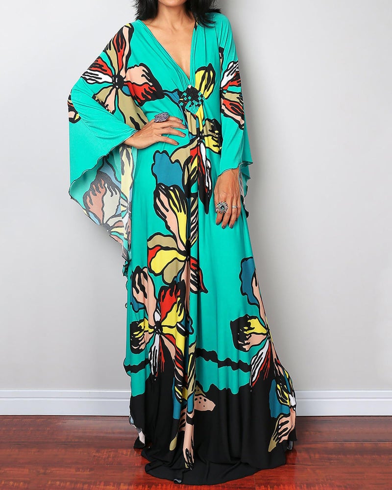 Bsubseach Women Ethnic Print Kaftan Beach Dress Plus Size Swimsuit Cover Up Lake Green Floral - Image 3