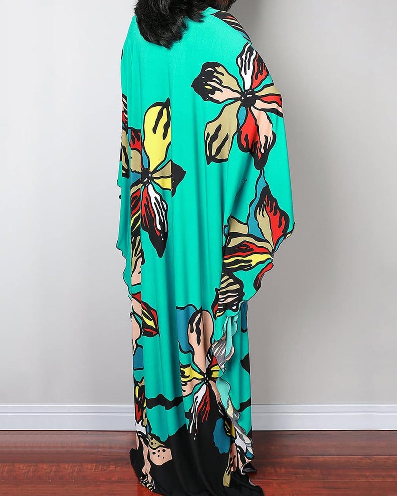Bsubseach Women Ethnic Print Kaftan Beach Dress Plus Size Swimsuit Cover Up Lake Green Floral - Image 5