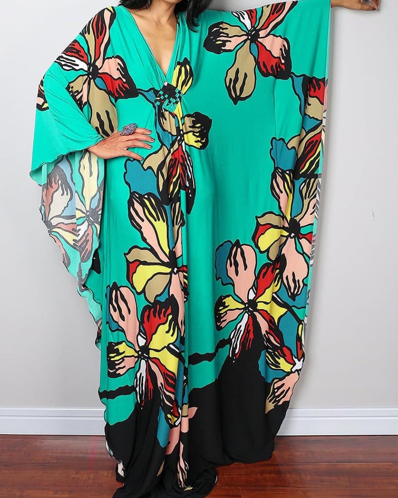 Bsubseach Women Ethnic Print Kaftan Beach Dress Plus Size Swimsuit Cover Up Lake Green Floral - Image 2