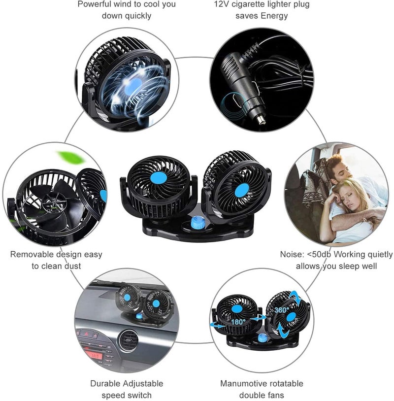 G13 DC 12VElectric Car Fan for Dashboard, Double Head Cooling Electric Fan, 360 Degree Rotatable Small Fan for Car with 2 Speed Control, ABS Plastic, Dashboard Fan - Image 5